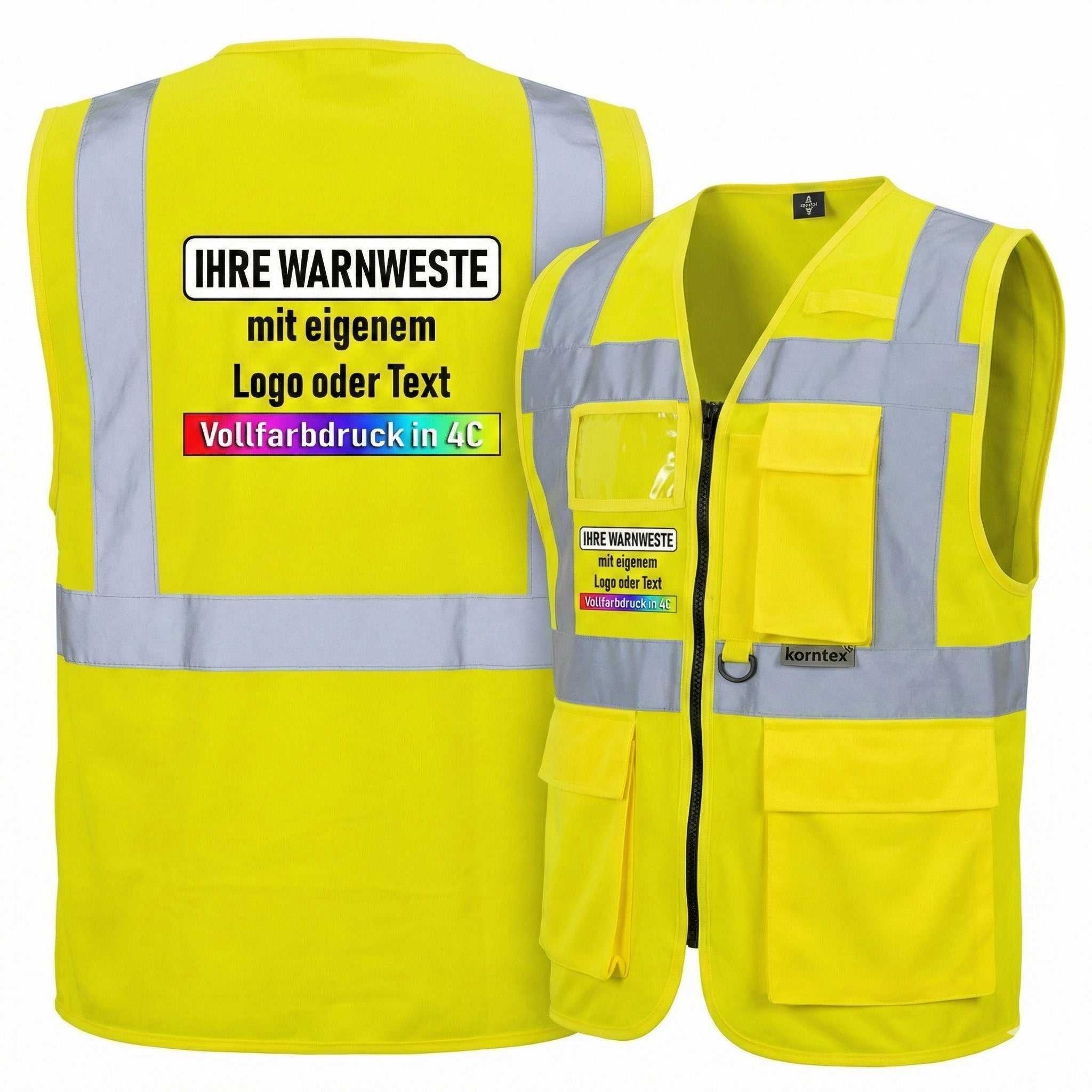 Korntex Multifunktionsweste Berlin mit Taschen, Reißverschluss und Leuchtstreifen in verschiedenen Farben und Größen