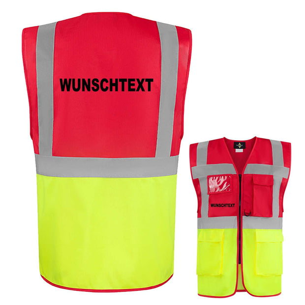 rote und gelbe Multifunktionsweste mit Taschen, Reißverschluss, Leuchtstreifen und individuellem Wunschtextdruck