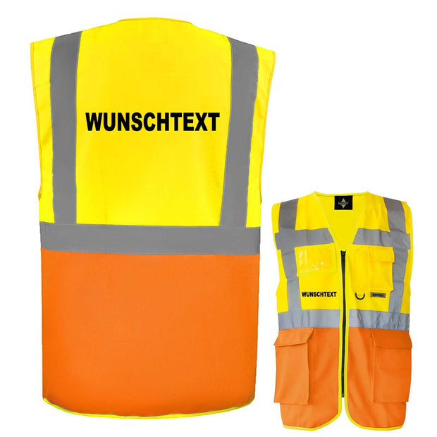 Gelb-orange Multifunktionsweste mit Taschen, Reißverschluss, Leuchtstreifen und individualisierbarem Wunschtext auf Vorder- und Rückseite