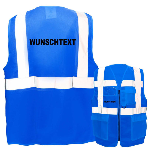 Korntex Multifunktionsweste in Blau mit reflektierenden Streifen, Reißverschluss, Taschen und individuellem Wunschtextdruck
