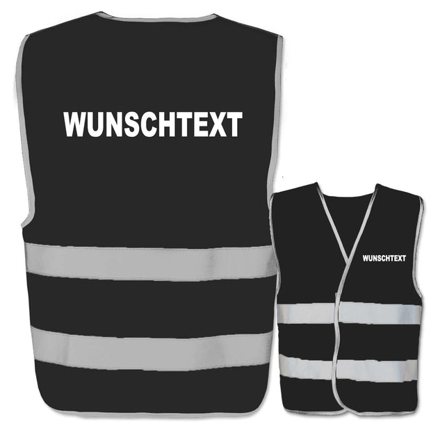 Schwarze Wunschtext-Warnweste mit zwei Leuchtstreifen und individuellem Textdruck