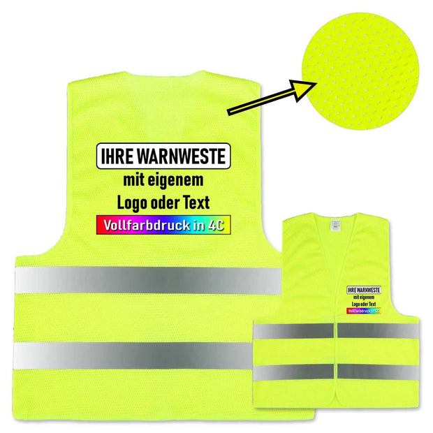 easyMesh PREMIUM Sommer gelbe Mesh Warnweste mit reflektierenden Streifen und individuellem Vollfarbdruck