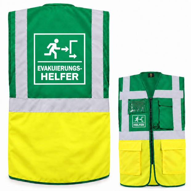 EVAK Hilfe Multifunktionsweste aus Polyester in Grün und Gelb mit Reflexstreifen, Taschen und Evakuierungshelfer-Aufdruck.