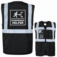 Evakuierungshelfer-Multifunktionsweste aus schwarzem Polyester mit silbernen Reflexstreifen, Taschen und Aufdruck; EVAK Hilfe Multifunktionsweste