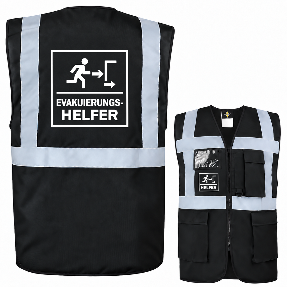 Evakuierungshelfer-Multifunktionsweste aus schwarzem Polyester mit silbernen Reflexstreifen, Taschen und Aufdruck; EVAK Hilfe Multifunktionsweste