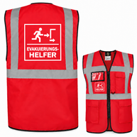 EVAK Hilfe Multifunktionsweste aus rotem Polyester mit silbernen Reflexstreifen, Reißverschluss, Taschen und Evakuierungshelfer-Aufdruck.