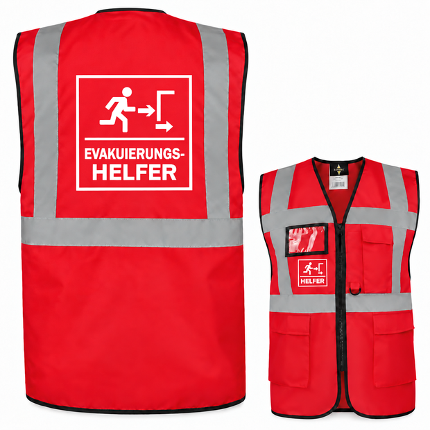 EVAK Hilfe Multifunktionsweste aus rotem Polyester mit silbernen Reflexstreifen, Reißverschluss, Taschen und Evakuierungshelfer-Aufdruck.