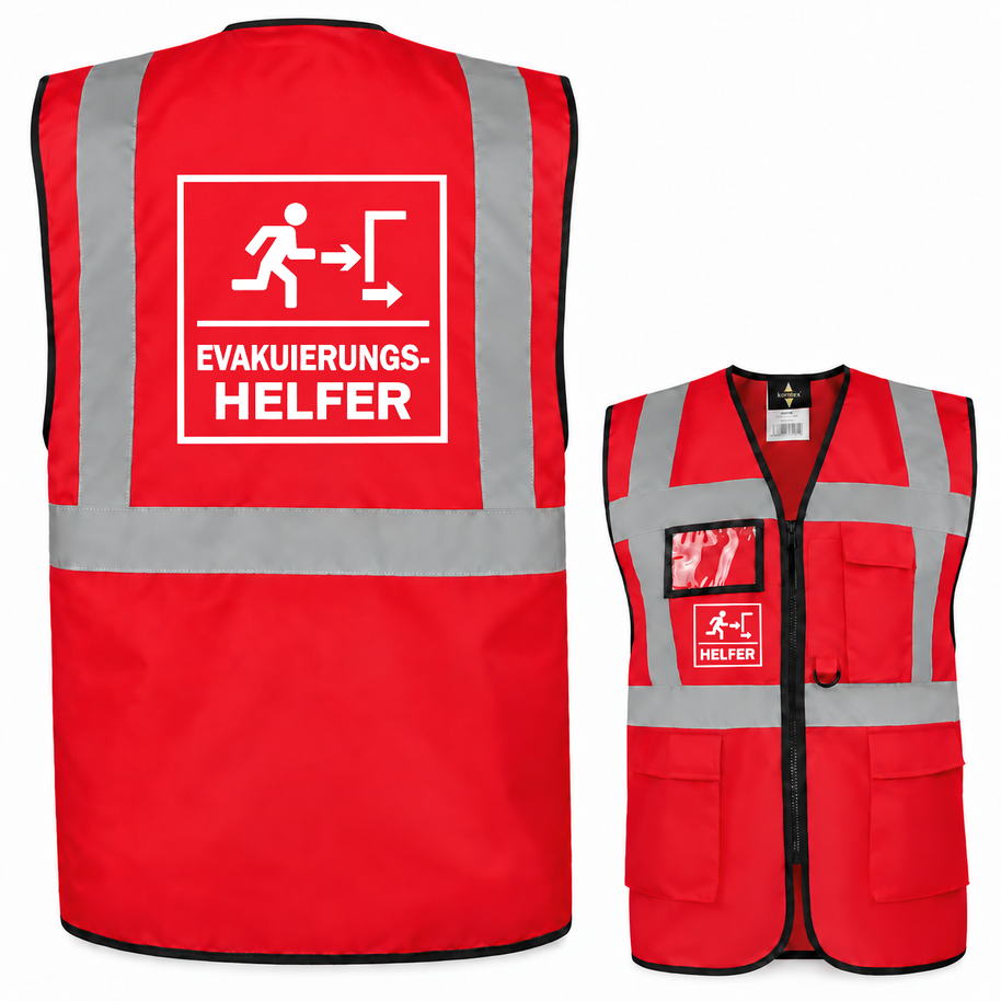 EVAK Hilfe Multifunktionsweste aus rotem Polyester mit silbernen Reflexstreifen, Reißverschluss, Taschen und Evakuierungshelfer-Aufdruck.