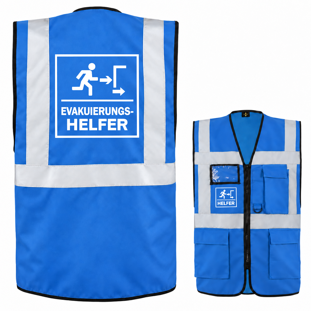 EVAK Hilfe Multifunktionsweste aus blauem Polyester mit silbernen Reflexstreifen, Taschen und Evakuierungshelfer-Aufdruck.