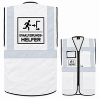Evakuierungshelfer-Multifunktionsweste, EVAK Hilfe Multifunktionsweste aus weißem Polyester mit Reflexstreifen, Taschen und Aufdruck.
