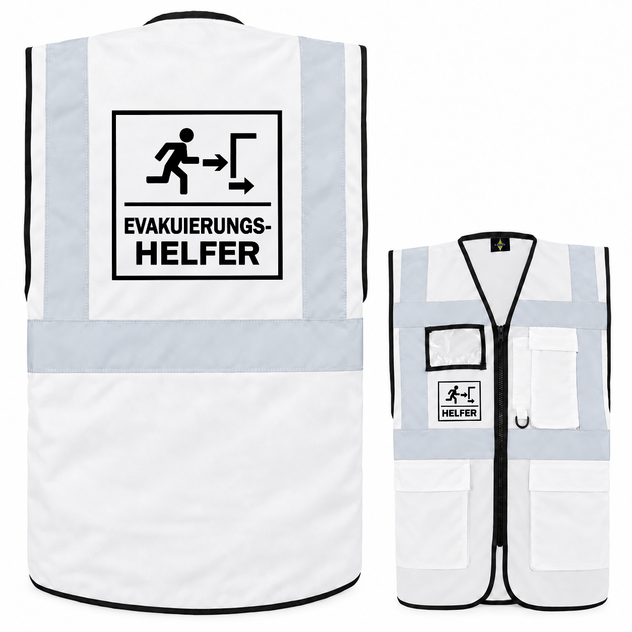 Evakuierungshelfer-Multifunktionsweste, EVAK Hilfe Multifunktionsweste aus weißem Polyester mit Reflexstreifen, Taschen und Aufdruck.