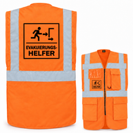 EVAK Hilfe Multifunktionsweste aus orangefarbenem Polyester mit Reflexstreifen, Taschen, Reißverschluss und Evakuierungshelfer-Aufdruck.