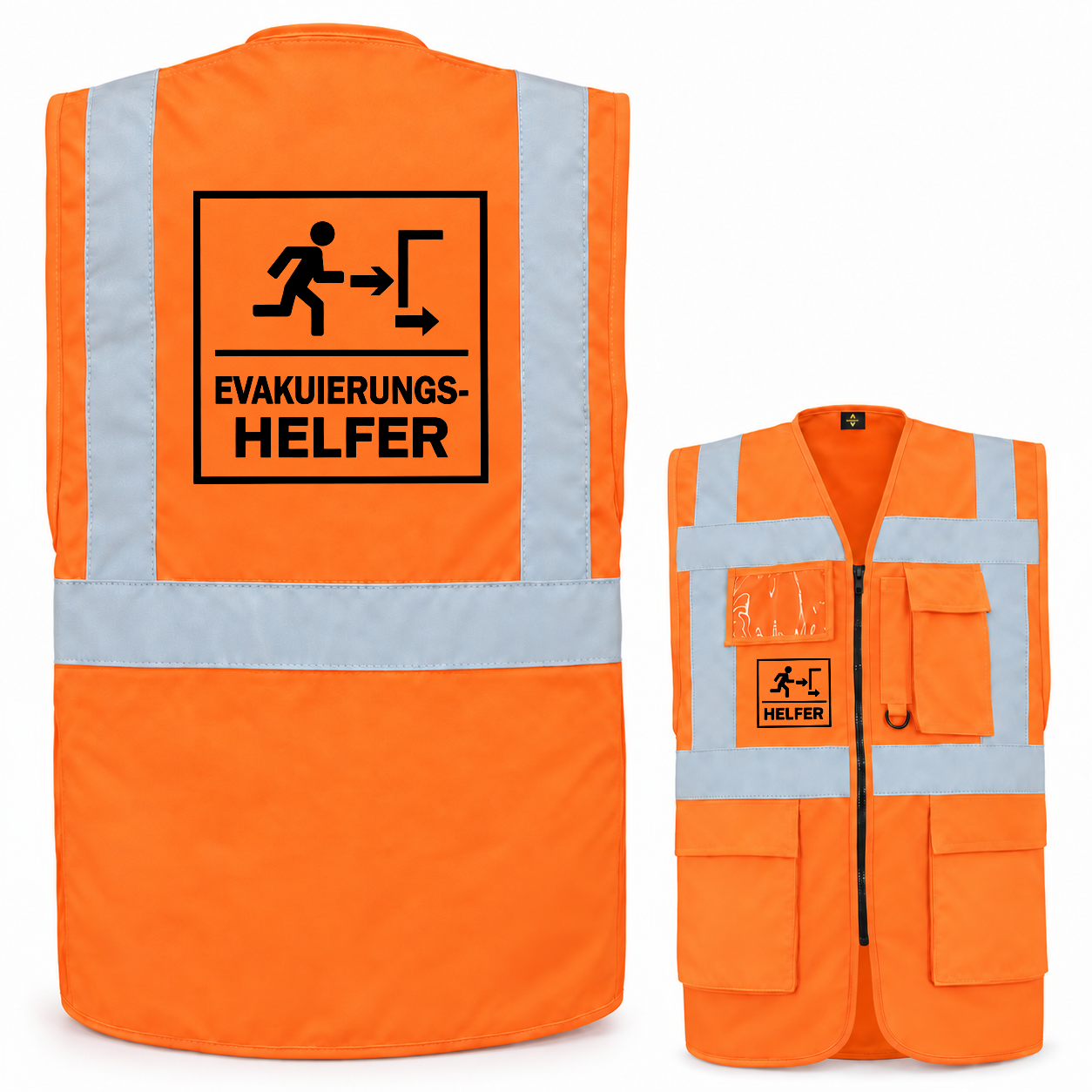 EVAK Hilfe Multifunktionsweste aus orangefarbenem Polyester mit Reflexstreifen, Taschen, Reißverschluss und Evakuierungshelfer-Aufdruck.