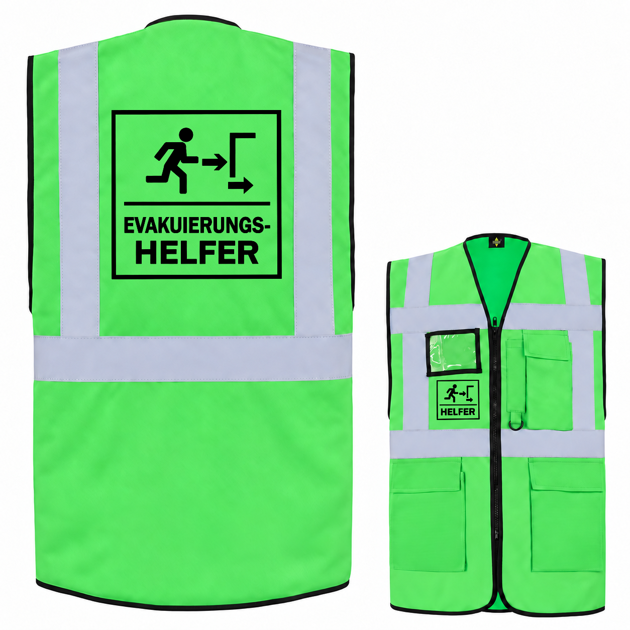 EVAK Hilfe Multifunktionsweste aus grünem Polyester mit silbernen Reflexstreifen, Reißverschluss, Taschen und Helfer-Aufdruck.