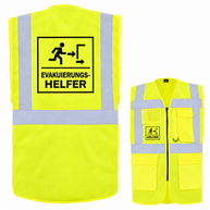 EVAK Hilfe Multifunktionsweste in Neongelb aus Polyester mit Reflexstreifen, Reißverschluss, Taschen und Helfer-Aufdruck.