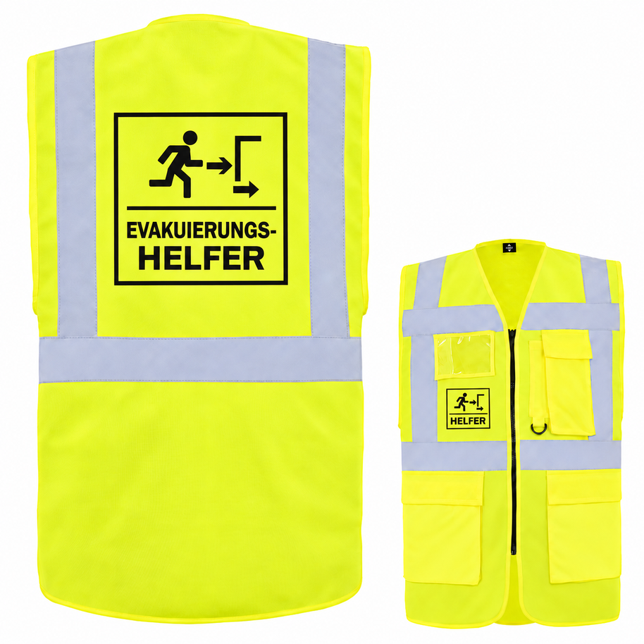 EVAK Hilfe Multifunktionsweste in Neongelb aus Polyester mit Reflexstreifen, Reißverschluss, Taschen und Helfer-Aufdruck.