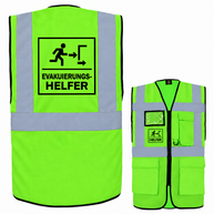 EVAK Hilfe Multifunktionsweste aus Polyester in Neongrün mit Reflexstreifen, Reißverschluss, Taschen und Evakuierungshelfer-Aufdruck.