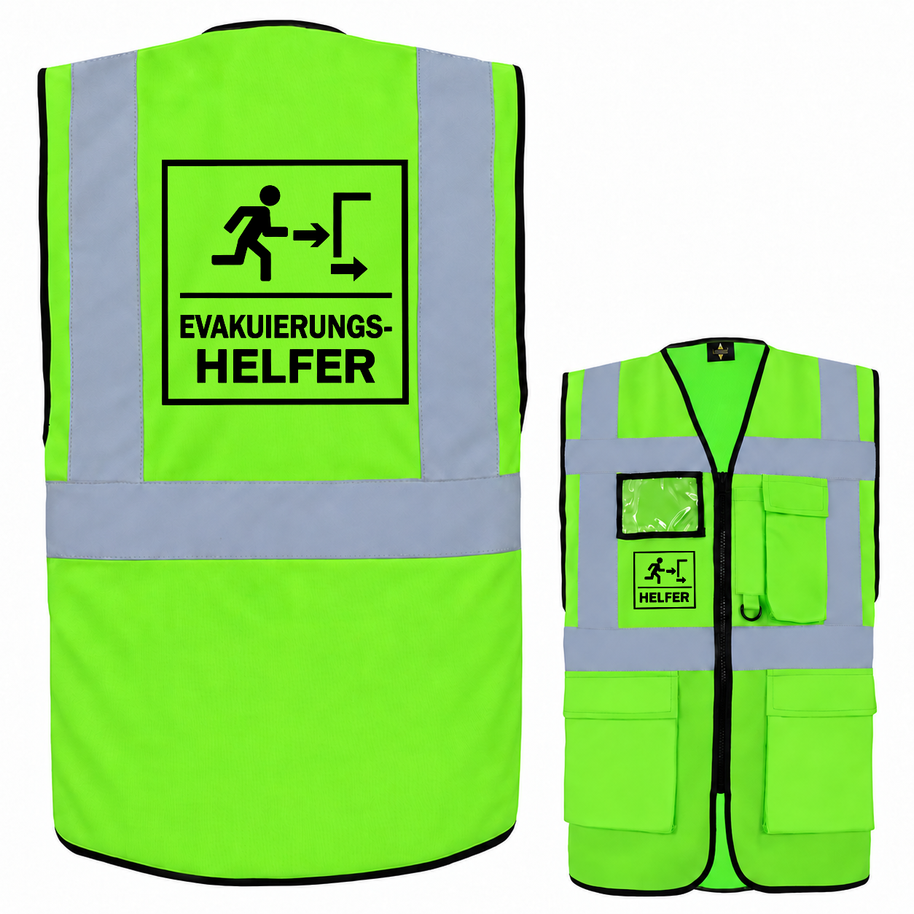 EVAK Hilfe Multifunktionsweste aus Polyester in Neongrün mit Reflexstreifen, Reißverschluss, Taschen und Evakuierungshelfer-Aufdruck.