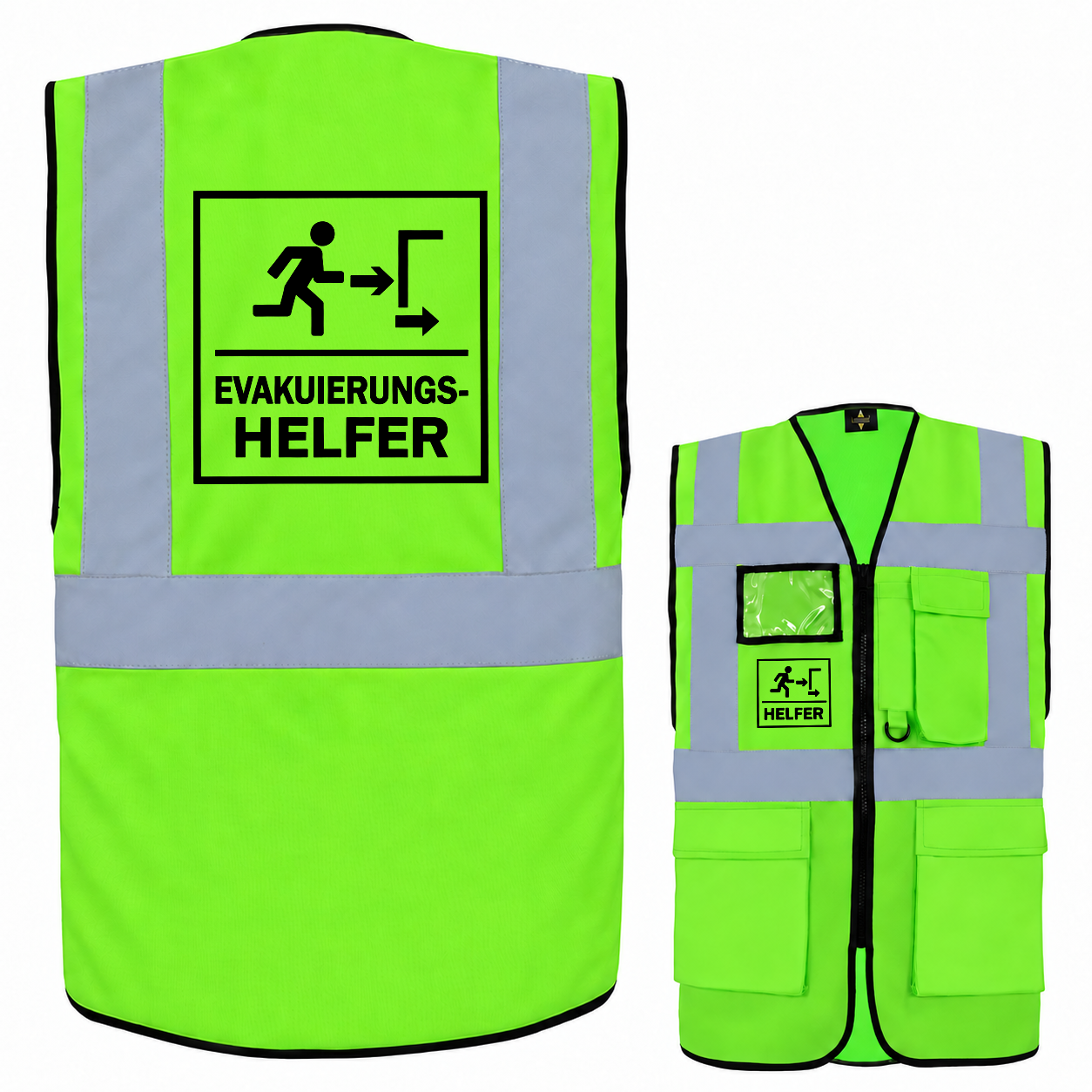EVAK Hilfe Multifunktionsweste aus Polyester in Neongrün mit Reflexstreifen, Reißverschluss, Taschen und Evakuierungshelfer-Aufdruck.
