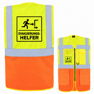 EVAK Hilfe Multifunktionsweste aus Polyester in Neongelb und Orange, mit Reflexstreifen, Taschen und Evakuierungshelfer-Aufdruck.