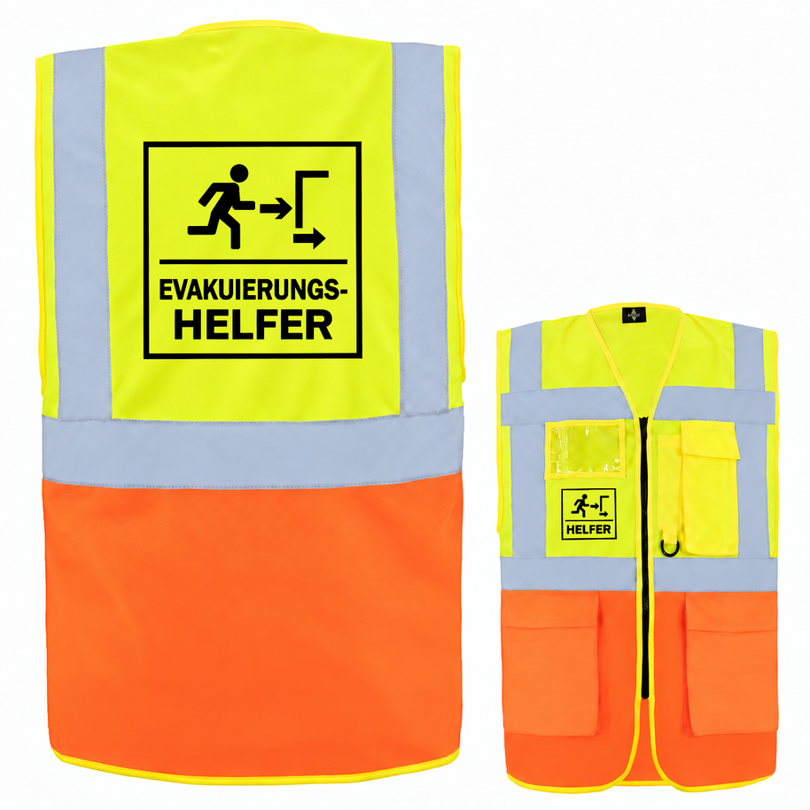 EVAK Hilfe Multifunktionsweste aus Polyester in Neongelb und Orange, mit Reflexstreifen, Taschen und Evakuierungshelfer-Aufdruck.