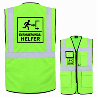 EVAK Hilfe Multifunktionsweste aus grünem Polyester mit Reflexstreifen, Taschen, Reißverschluss und Helfer-Aufdruck.