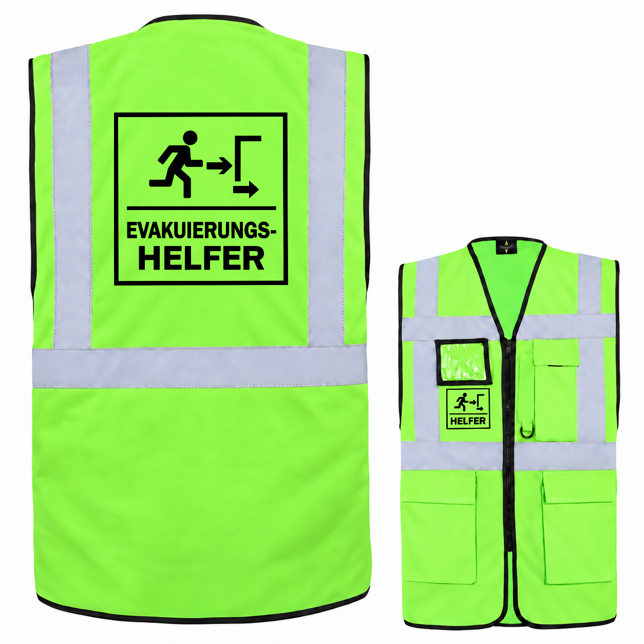 EVAK Hilfe Multifunktionsweste aus grünem Polyester mit Reflexstreifen, Taschen, Reißverschluss und Helfer-Aufdruck.