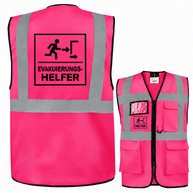 Evakuierungshelfer-Multifunktionsweste aus Polyester in Pink mit Reflexstreifen, Taschen, Reißverschluss und Aufdruck; EVAK Hilfe Multifunktionsweste