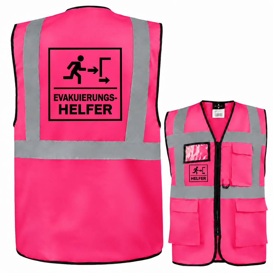 Evakuierungshelfer-Multifunktionsweste aus Polyester in Pink mit Reflexstreifen, Taschen, Reißverschluss und Aufdruck; EVAK Hilfe Multifunktionsweste
