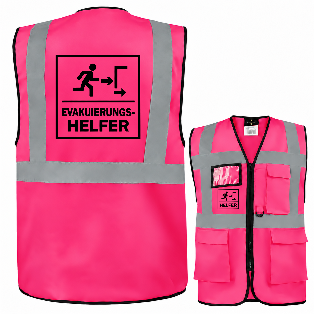 Evakuierungshelfer-Multifunktionsweste aus Polyester in Pink mit Reflexstreifen, Taschen, Reißverschluss und Aufdruck; EVAK Hilfe Multifunktionsweste
