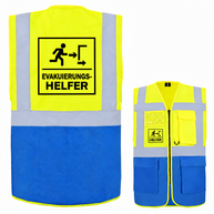 EVAK Hilfe Multifunktionsweste aus Polyester in Gelb und Blau mit Reflexstreifen, Reißverschluss, Taschen und Evakuierungshelfer-Aufdruck.