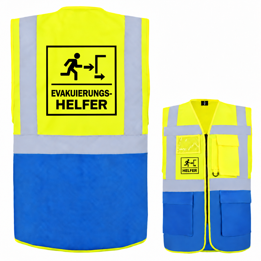 EVAK Hilfe Multifunktionsweste aus Polyester in Gelb und Blau mit Reflexstreifen, Reißverschluss, Taschen und Evakuierungshelfer-Aufdruck.