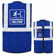 EVAK Hilfe Multifunktionsweste aus blauem Polyester mit weißen Reflexstreifen, Reißverschluss, Taschen und Evakuierungshelfer-Aufdruck