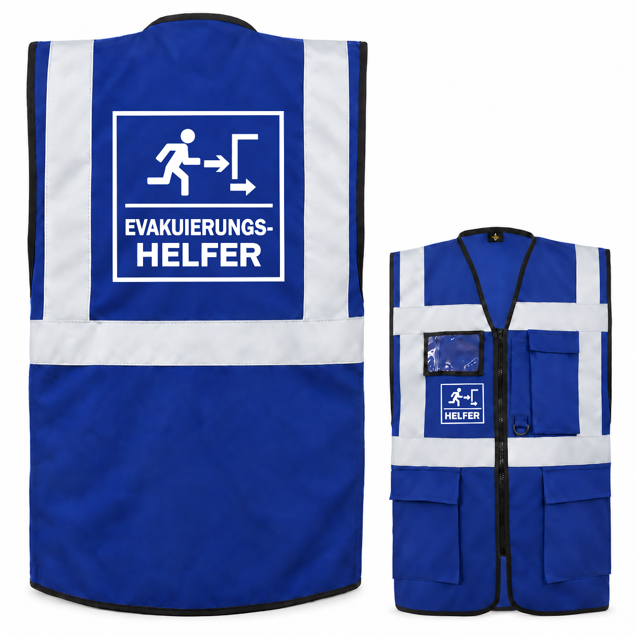 EVAK Hilfe Multifunktionsweste aus blauem Polyester mit weißen Reflexstreifen, Reißverschluss, Taschen und Evakuierungshelfer-Aufdruck