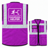 EVAK Hilfe Multifunktionsweste aus violettem Polyester mit silbernen Reflexstreifen, Reißverschluss, Taschen und Evakuierungshelfer-Aufdruck.