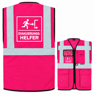 EVAK Hilfe Multifunktionsweste in Pink aus Polyester mit silbernen Reflexstreifen, Reißverschluss, Taschen und Evakuierungshelfer-Aufdruck.