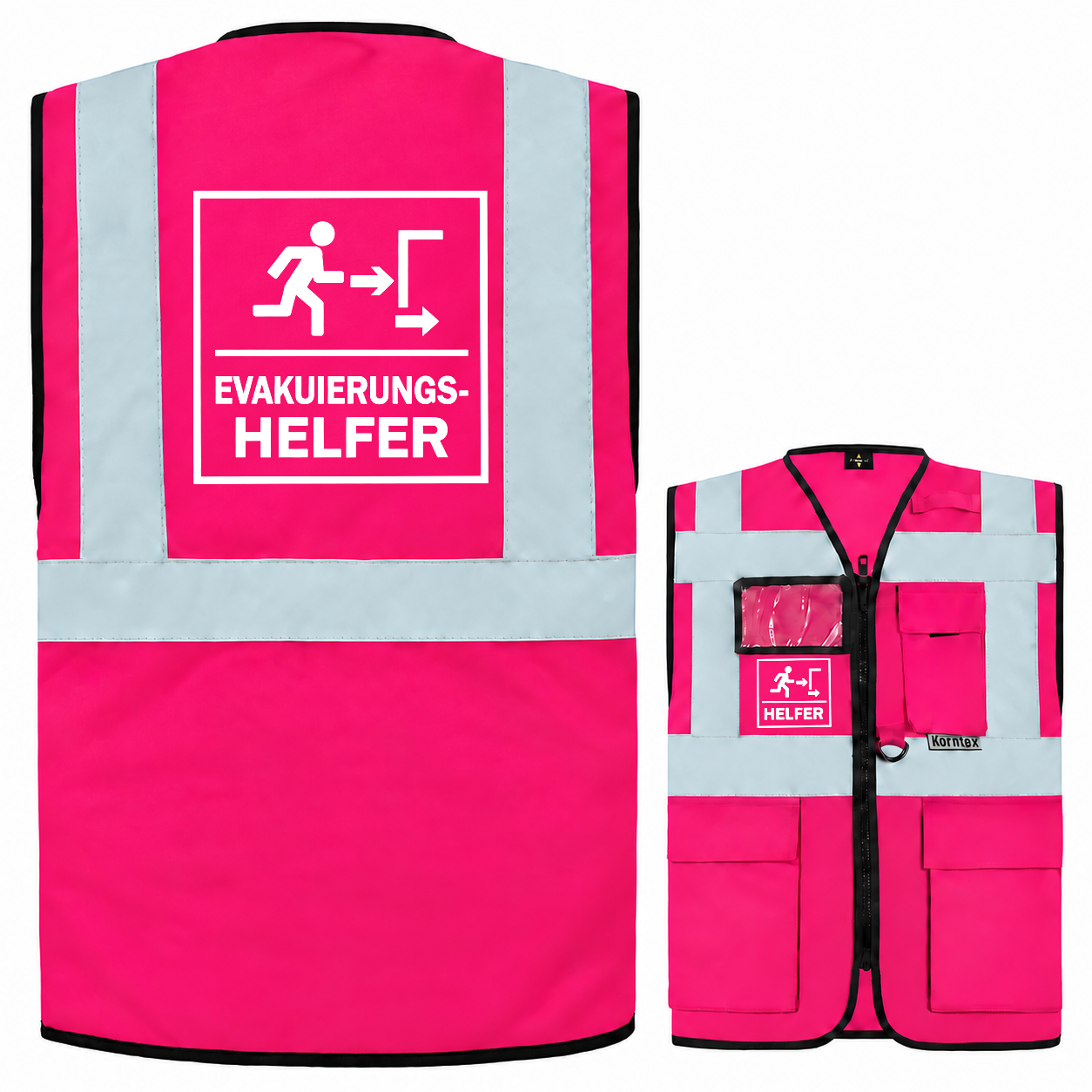 EVAK Hilfe Multifunktionsweste in Pink aus Polyester mit silbernen Reflexstreifen, Reißverschluss, Taschen und Evakuierungshelfer-Aufdruck.