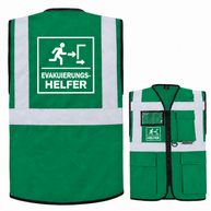 EVAK Hilfe Multifunktionsweste aus grünem Polyester mit Reflexstreifen, Taschen, Reißverschluss und Helfer-Aufdruck.