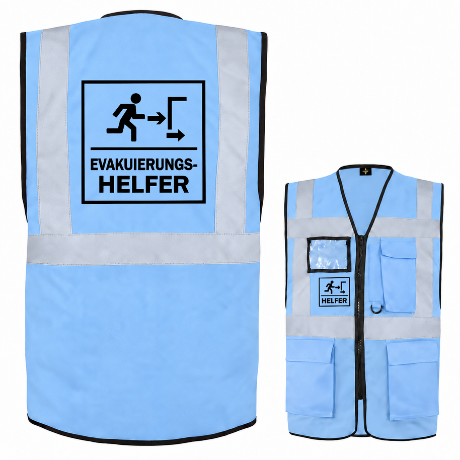 EVAK Hilfe Multifunktionsweste aus blauem Polyester mit silbernen Reflexstreifen, Reißverschluss, Taschen und Helfer-Aufdruck.
