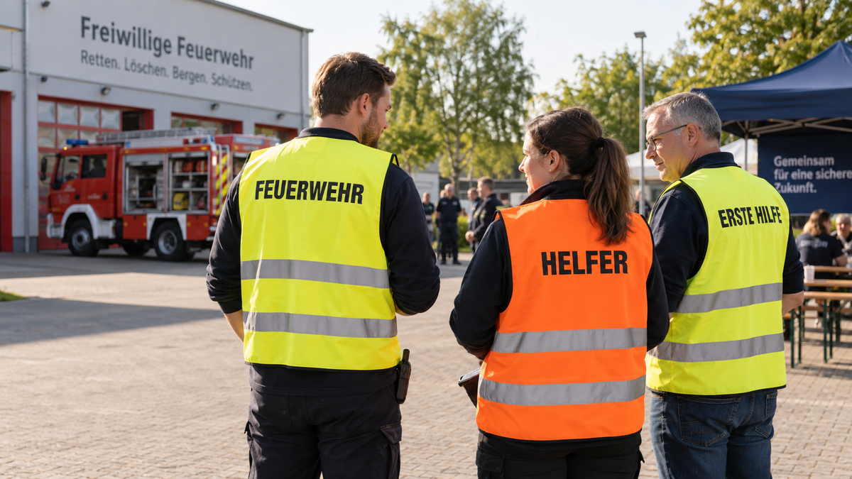 Feuerwehr, Helfer und Erste Hilfe bei einer Veranstaltung mit gut sichtbaren Rückenaufdrucken