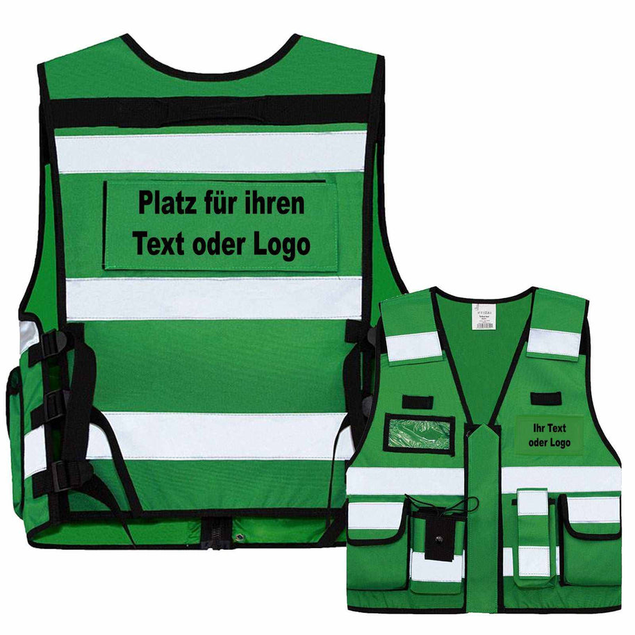 Grüne Tactical Weste Bonn mit reflektierenden Streifen und individuellen Aufdruckmöglichkeiten für Text oder Logo.