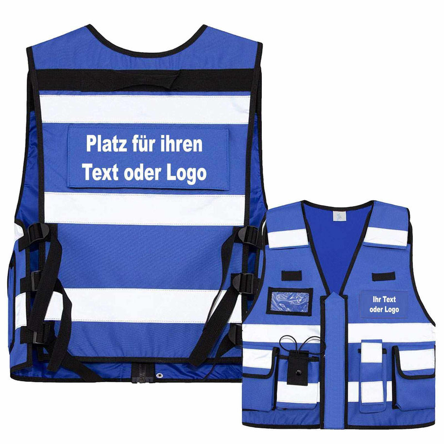Taktische blaue Tactical Weste Bonn mit Reflexstreifen und Platz für individuellen Text oder Logo