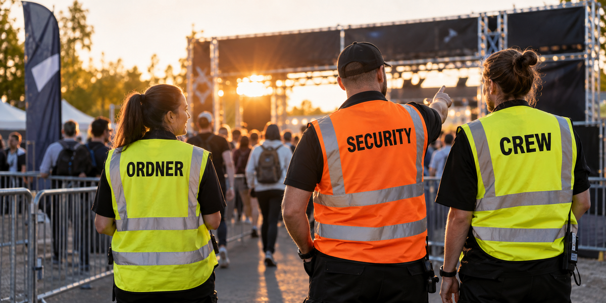 Ordner, Security und Crew bei einer Veranstaltung mit gut sichtbaren Rückenaufdrucken