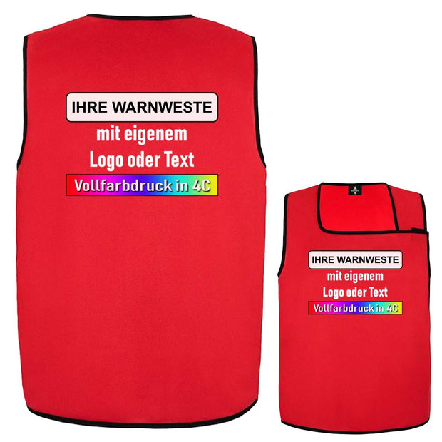 Rote Warnweste „Sylt“ mit individuellem Vollfarbdruck für Logo oder Text, Komfortklettverschlüsse, 100% Polyester, anpassbar