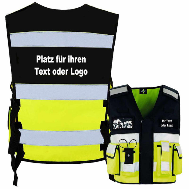 Tactical Weste Bonn in schwarz-gelb mit reflektierenden Streifen und individuell bedruckbarem Bereich für Text oder Logo
