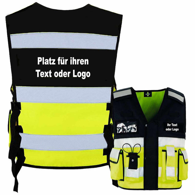 Tactical Weste Bonn in schwarz-gelb mit reflektierenden Streifen und individuell bedruckbarem Bereich für Text oder Logo