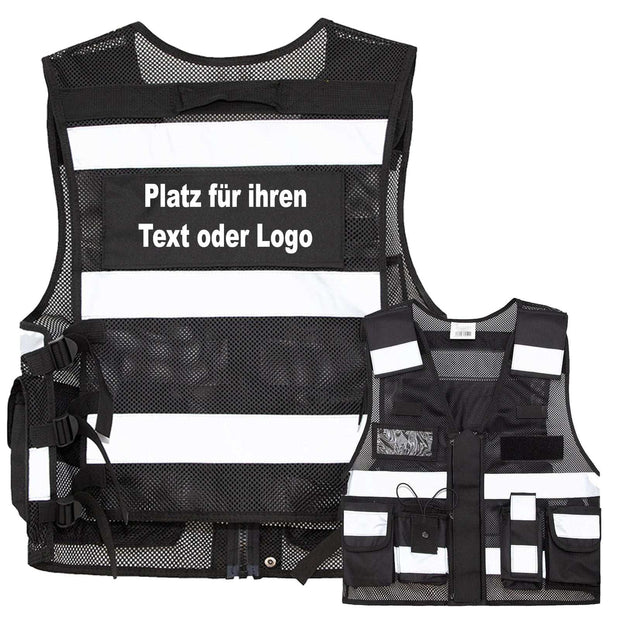 Mesh Tactical Weste „Sparta“ mit vielen Taschen, reflektierenden Streifen und austauschbaren Patches aus atmungsaktivem Mesh-Stoff für Security und Einsatzkräfte