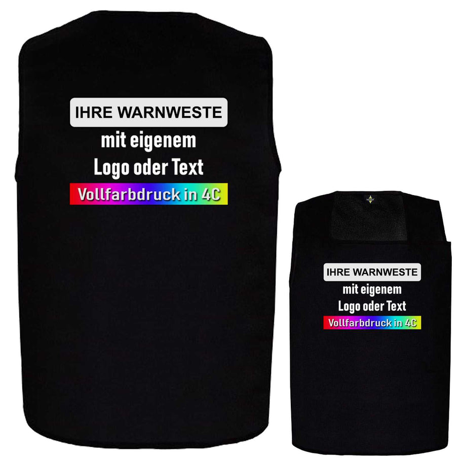 Schwarze Warnweste Sylt mit individuellem Vollfarbdruck in 4C für Logos und Texte