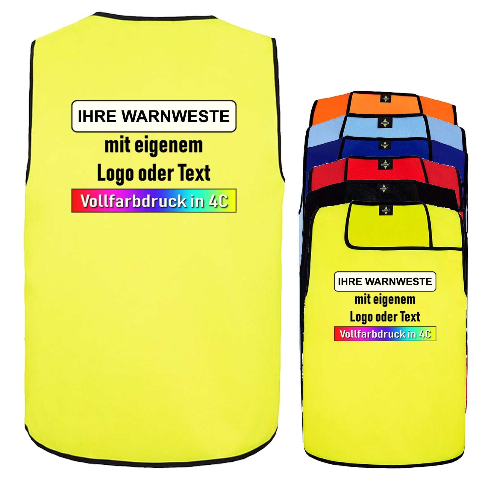 Warnweste „Sylt“ gelb mit individuellem Logo oder Text und Vollfarbdruck in 4C, verschiedene Farben verfügbar