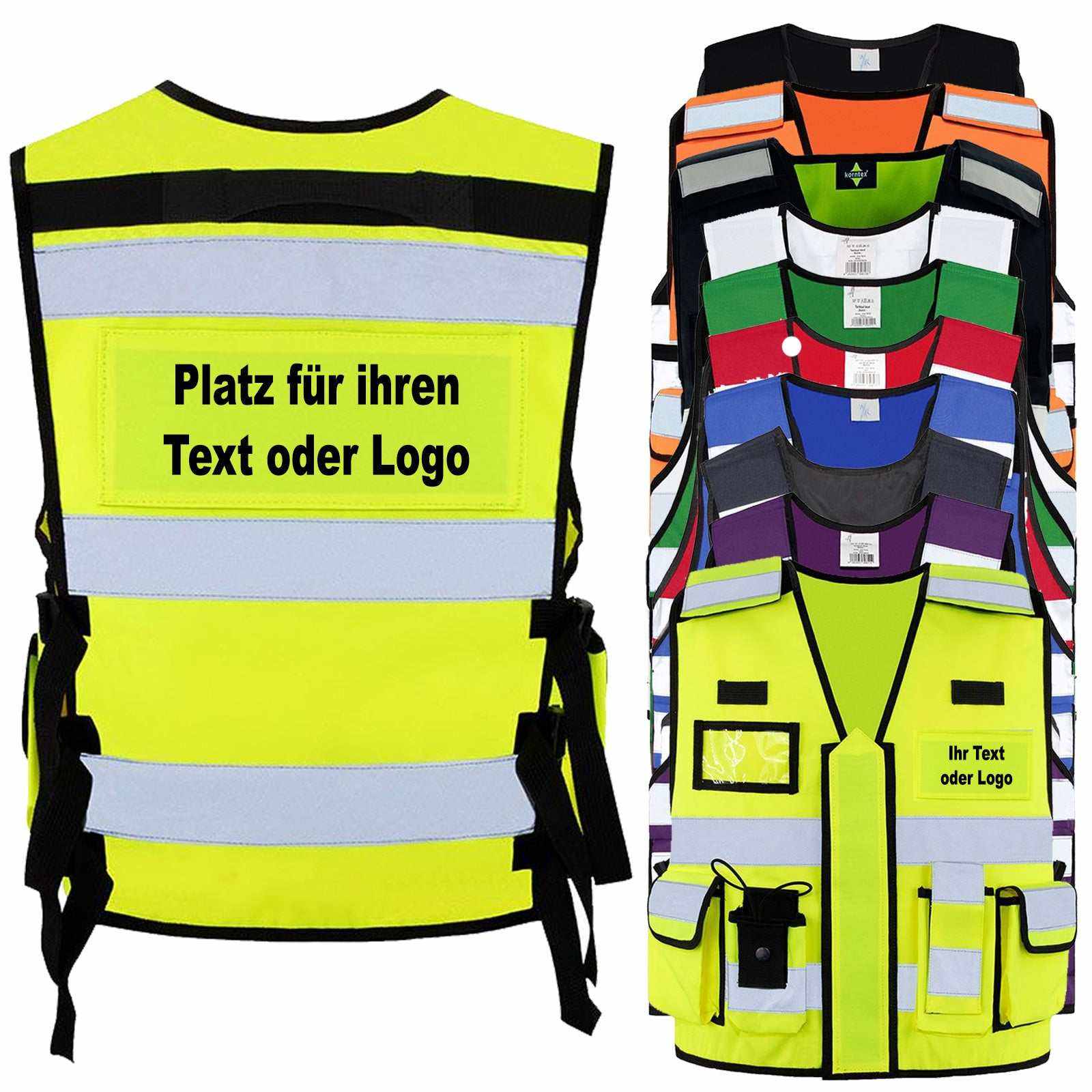 Tactical Weste Bonn in verschiedenen Farben mit individuellem Aufdruck, reflektierenden Streifen und austauschbaren Patches, ideal für Einsatzkräfte.
